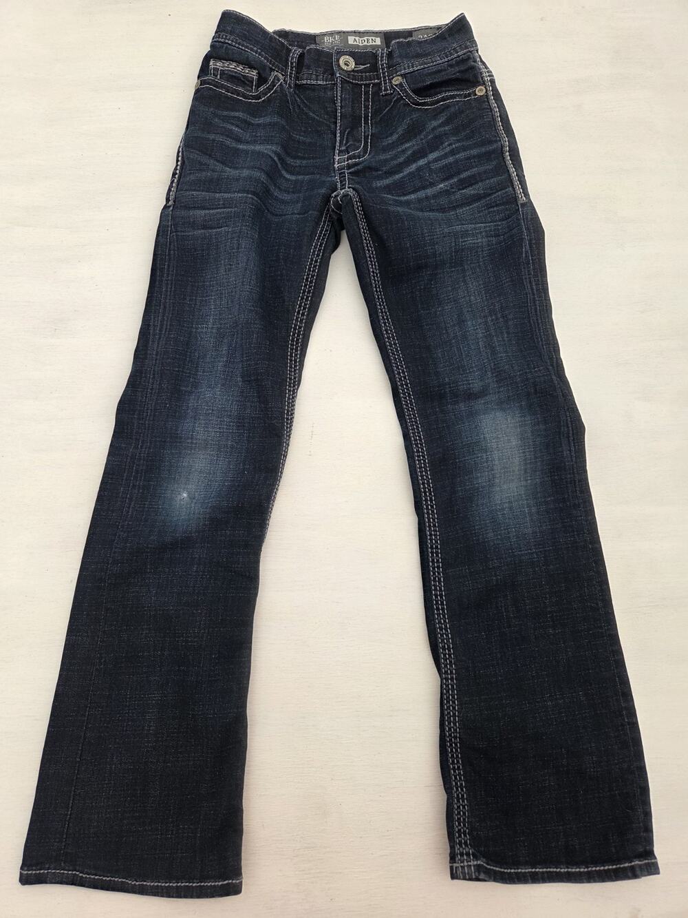 BKE Jeans Mens 24s Blue Aiden Bootleg Whisker Dark Wash Stretch Distressed